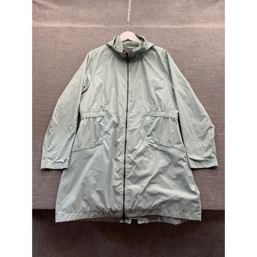 Kirkland Signature Rain Coat Womens Large Green Full Zip Waterproof Parka Jacket